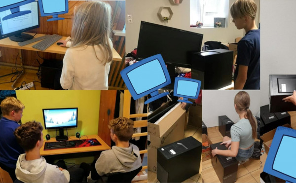 Kolāža ar bērniem, kuri izmanto datorus